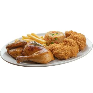 2 Porciones 1/4 Pollo Asado + 2 Porciones 1/4 Crispy + Papas Fritas + Arroz Chaufa