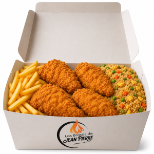 Cuatro Presas de Pollo Crispy Papas Fritas arroz chaufa (Filete de pechuga)